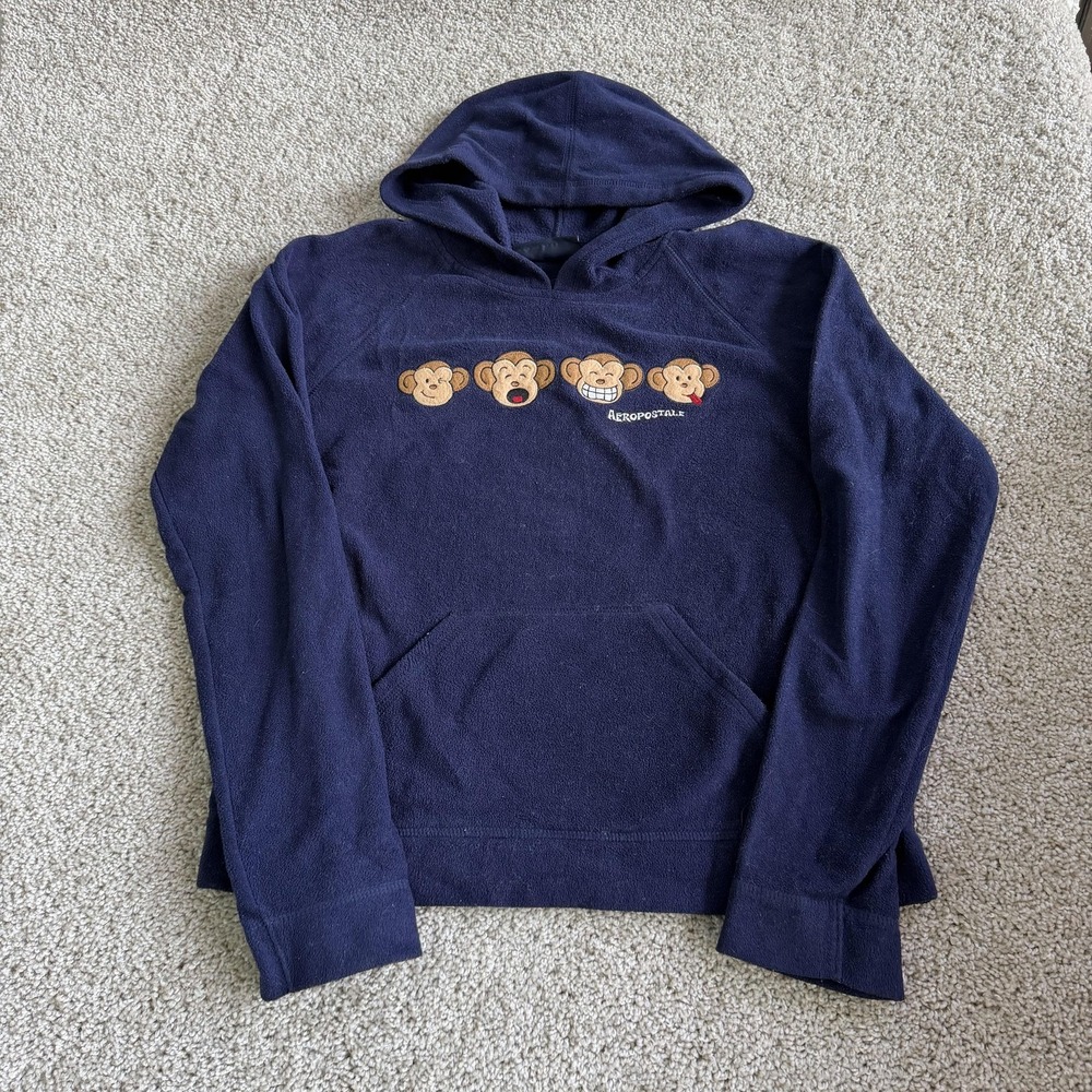 Y2K Aeropostale Hoodie Womens Large Blue Fleece Monkey Tomboy Fit Pullover